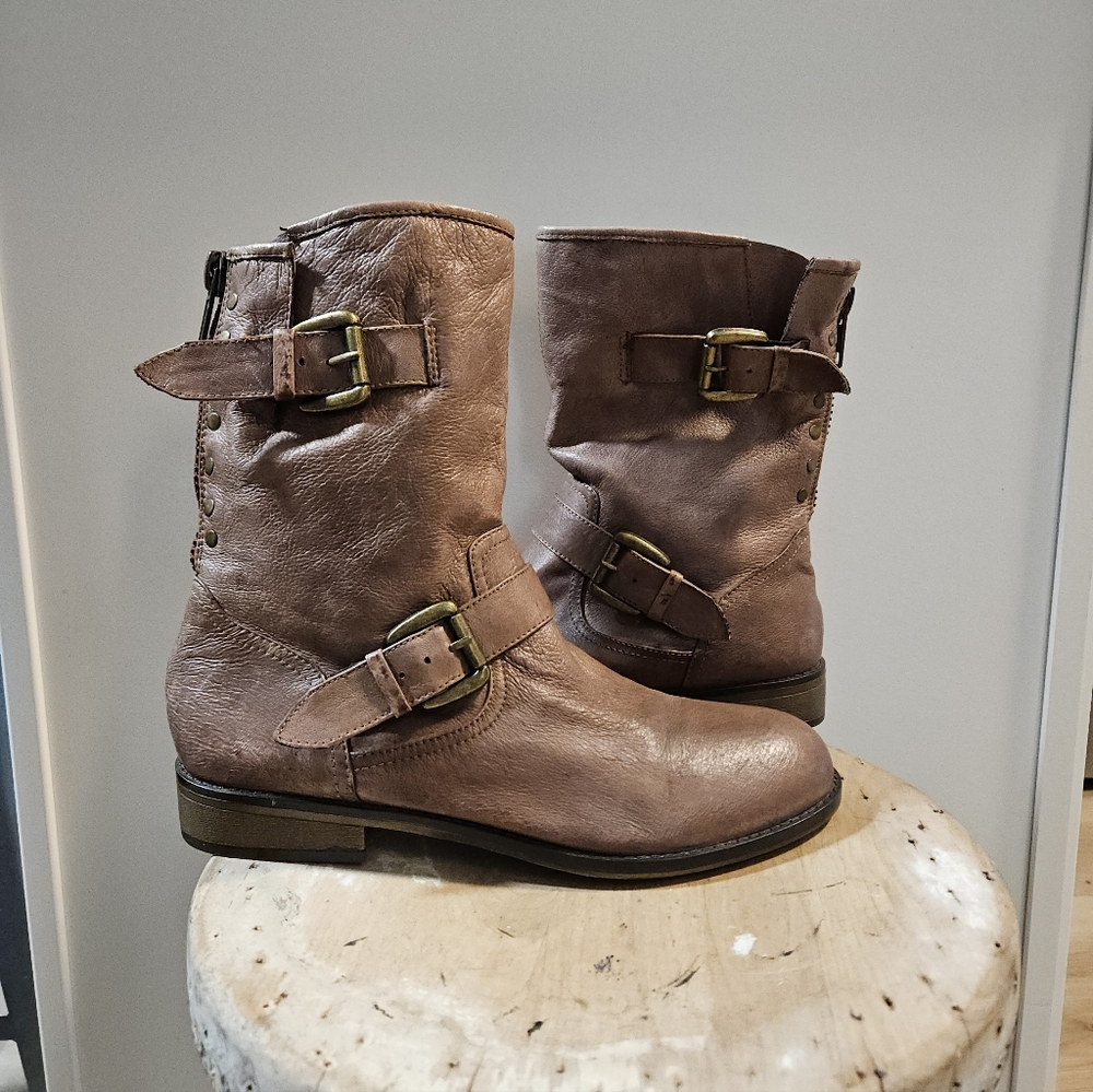 Steve Madden Temmpt Slouchy Leather Moto Combat Boots Tan 9.5 - Picture 4 of 7